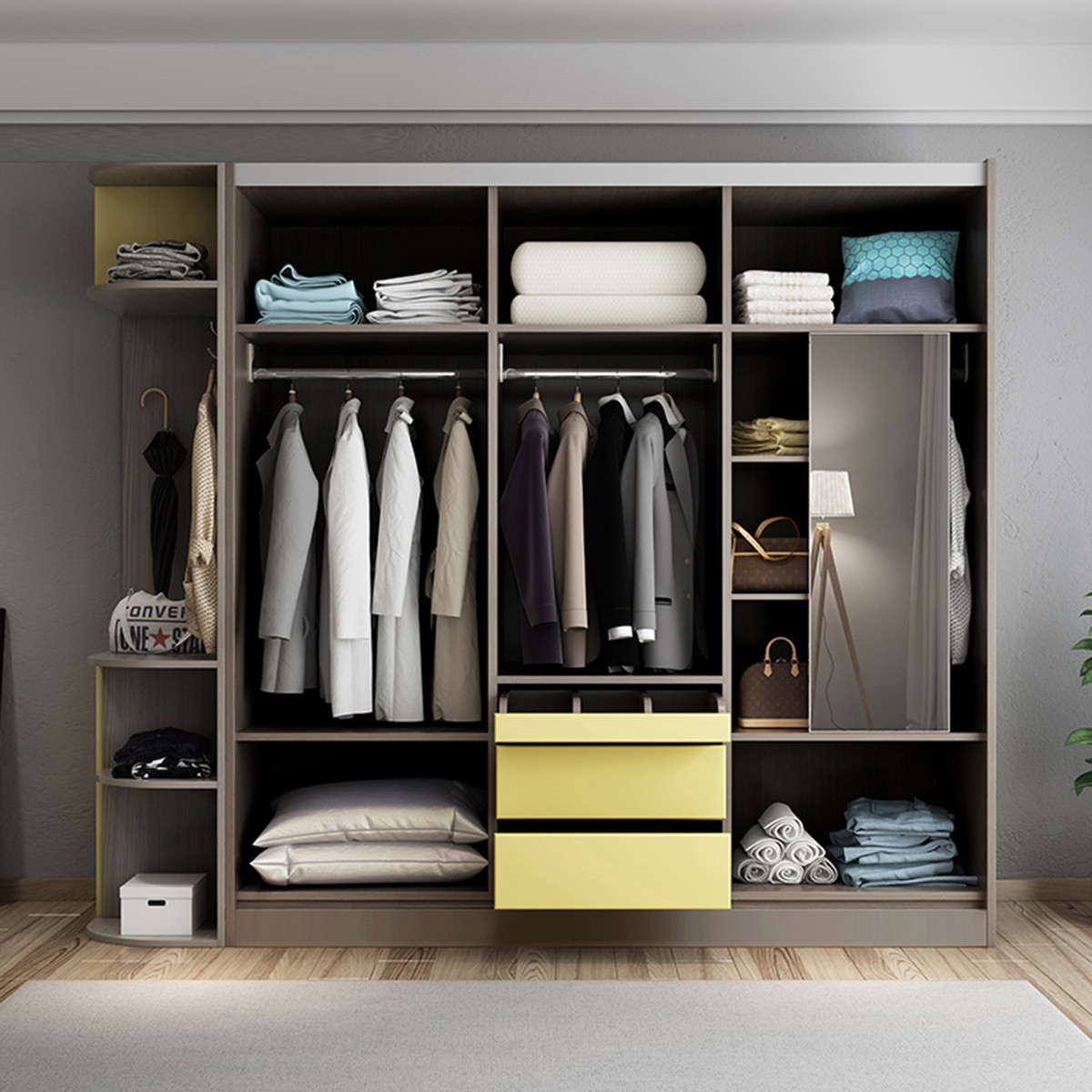 北欧简约现代板式推拉门衣柜镜面3门成人组装主卧滑门移门大衣橱