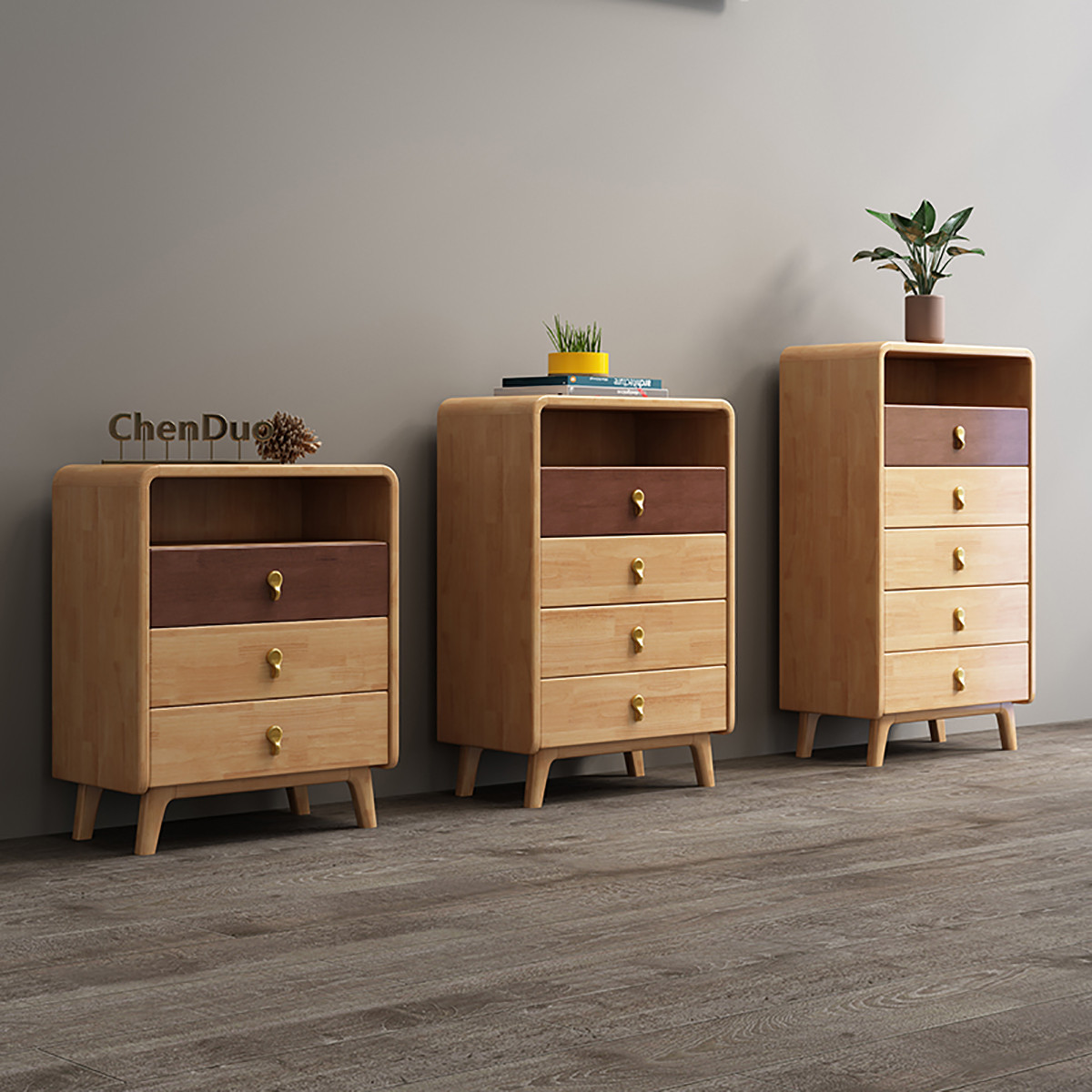 安尔雅实木斗柜现代简约收纳柜多功能卧室客厅置物储物柜color原木撞