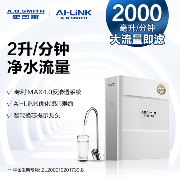 A.O.SMITH 史密斯净水器家用专利4年RO膜反渗透3:1高水效直饮净水机