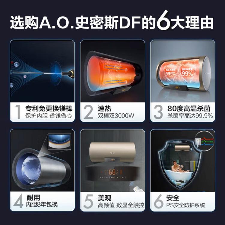 A.O.SMITH 史密斯60/80升电热水器MDF免更换镁棒金圭内胆双棒速热 遥控