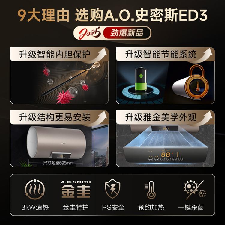A.O.SMITH 史密斯金圭内胆电热水器ED3专利免更换镁棒60升80升速热节能耐用