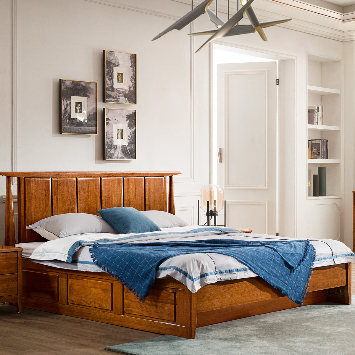 床 全实木床 北欧简约卧室家具金柚檀木双人床 1.8米实木高箱储物大床