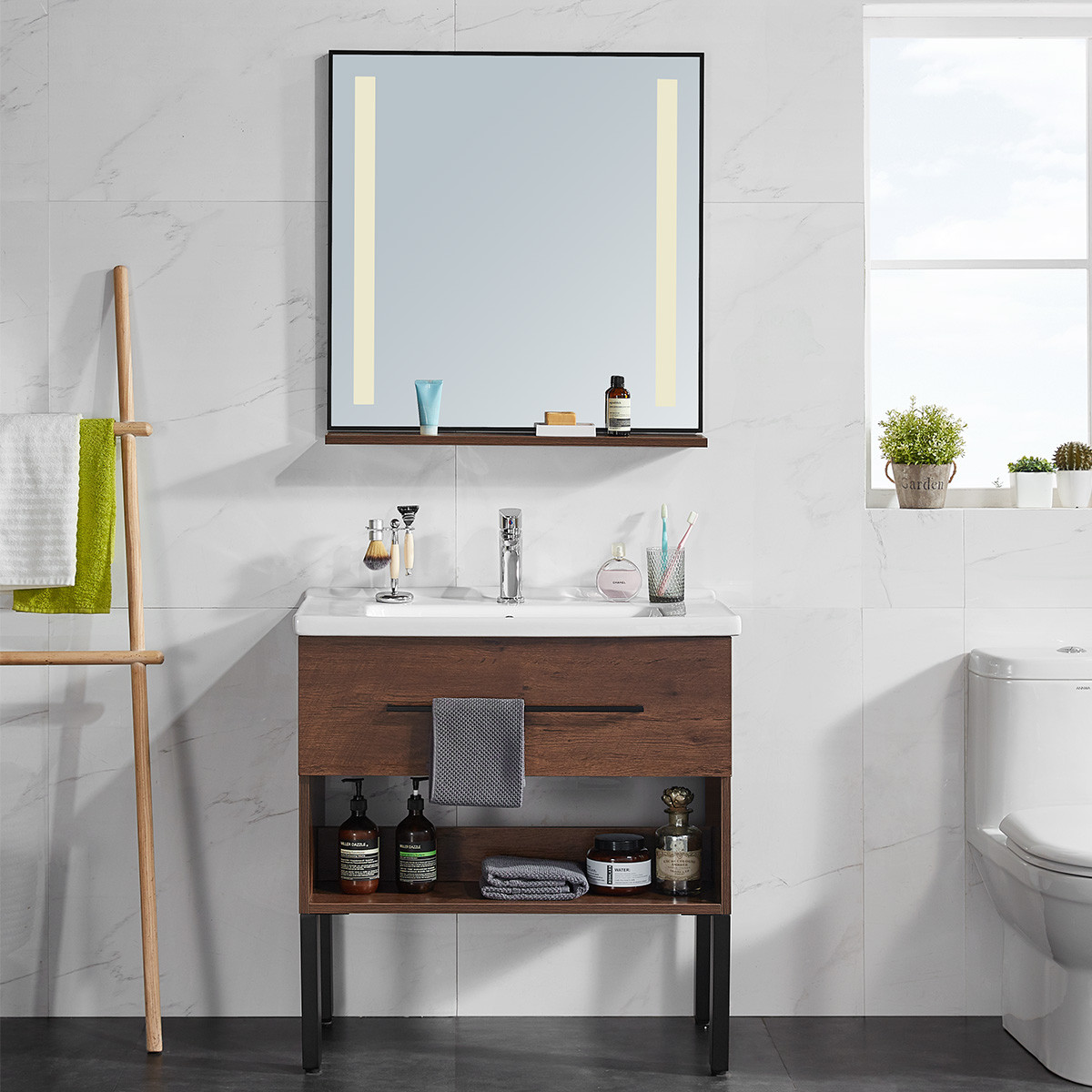 生态实木落地式浴室柜组合木语系列80公分带镜灯