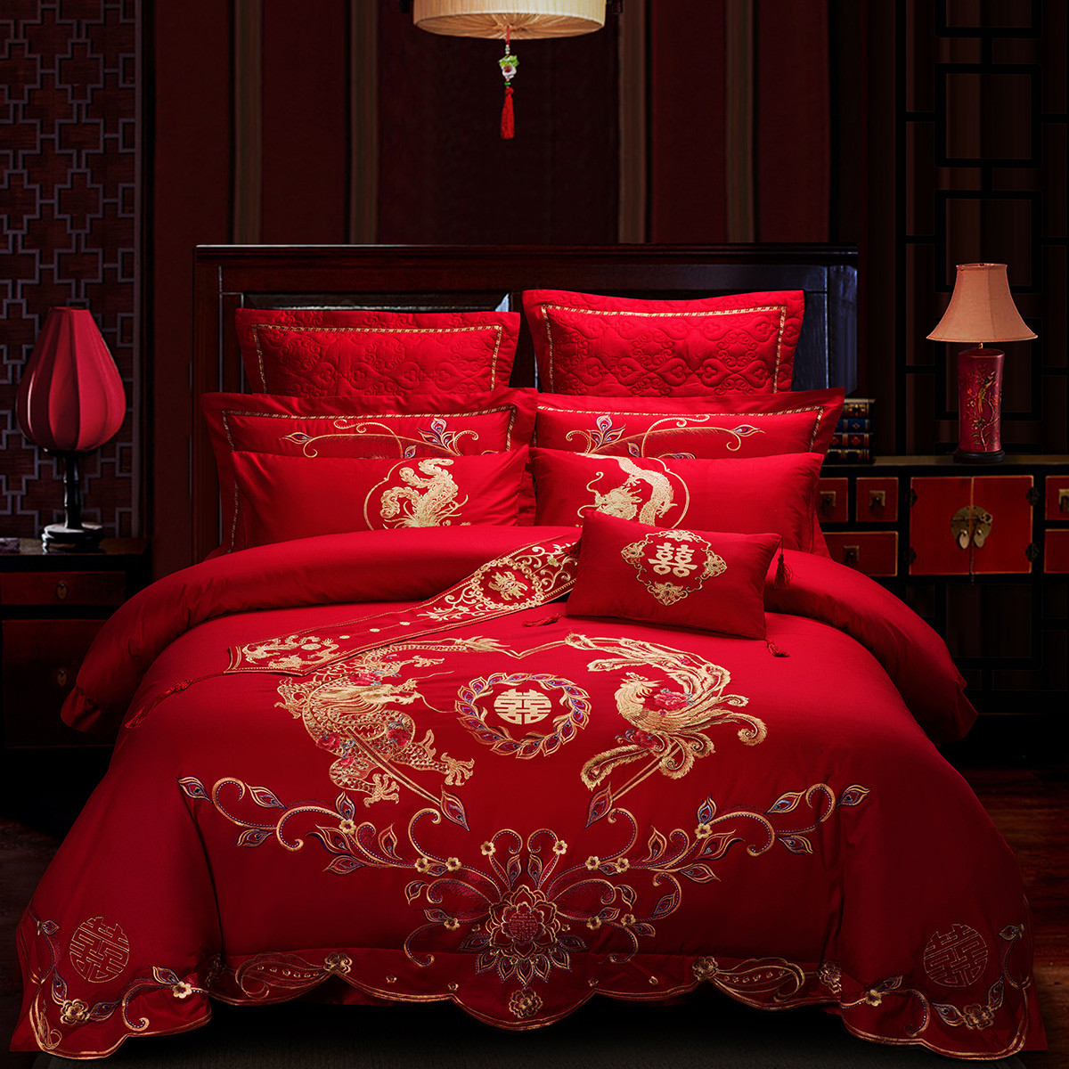 新品 大红色婚庆四件套全棉刺绣新婚床上用品套件 中式家纺纯棉绣花