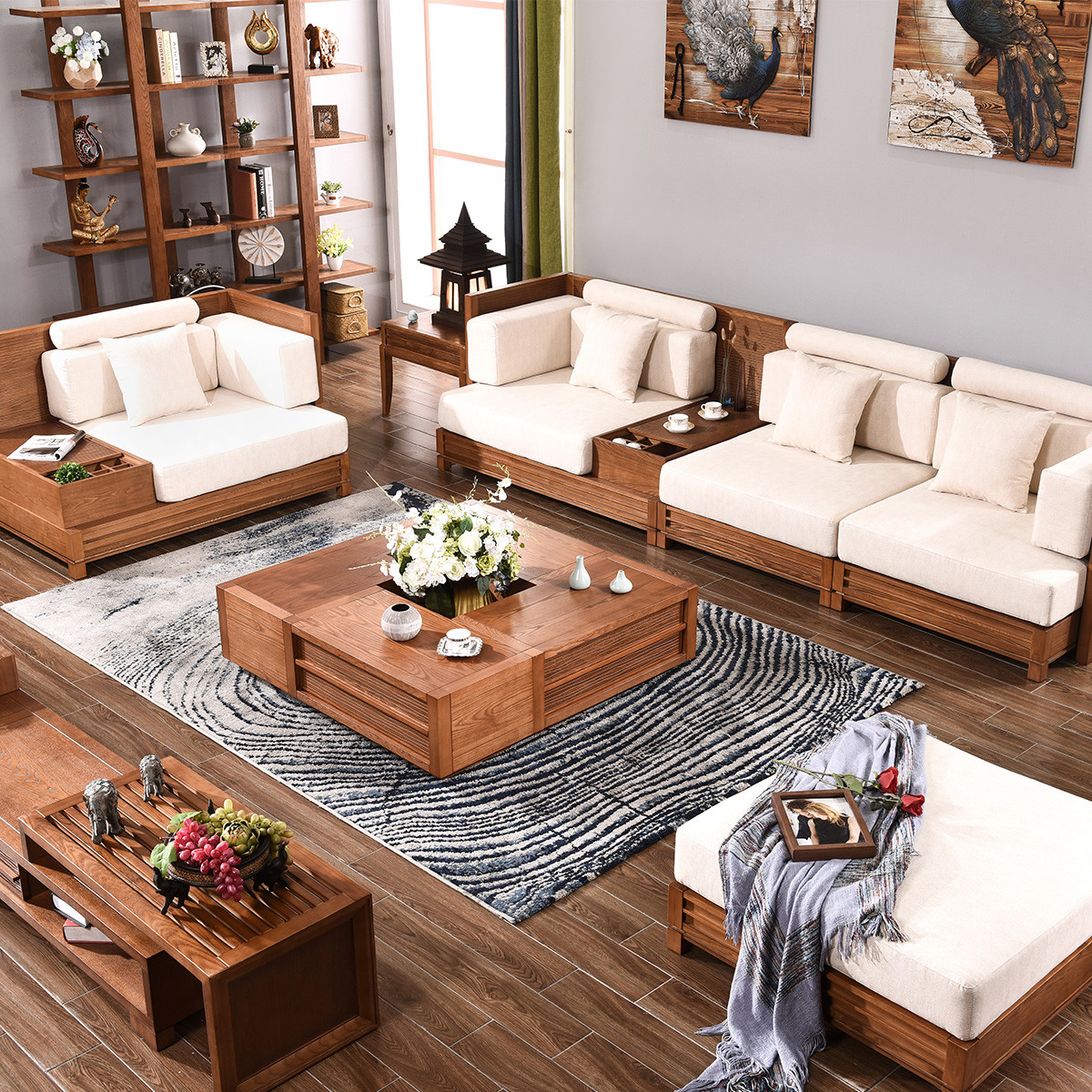 东南亚风格家具现代中式客厅白蜡木实木沙发组合