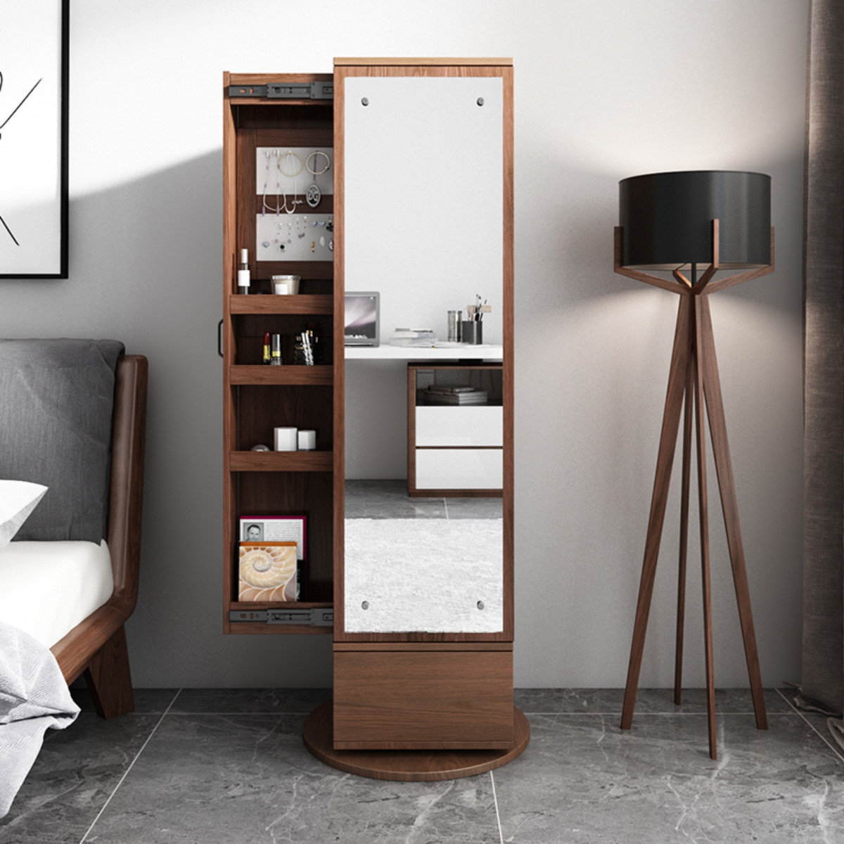 北欧全身镜子落地镜卧室旋转镜柜多功能创意穿衣镜衣帽架简约现代