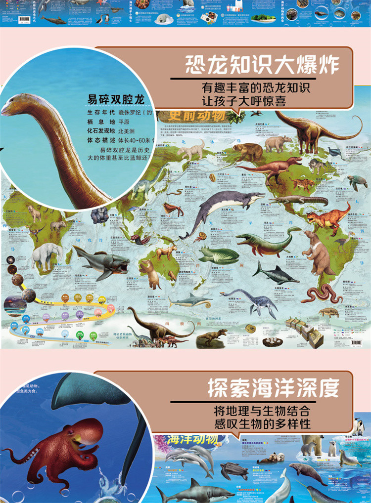 史前动物 海洋动物图6-12岁小学生科普地图超大尺寸高清专业挂图