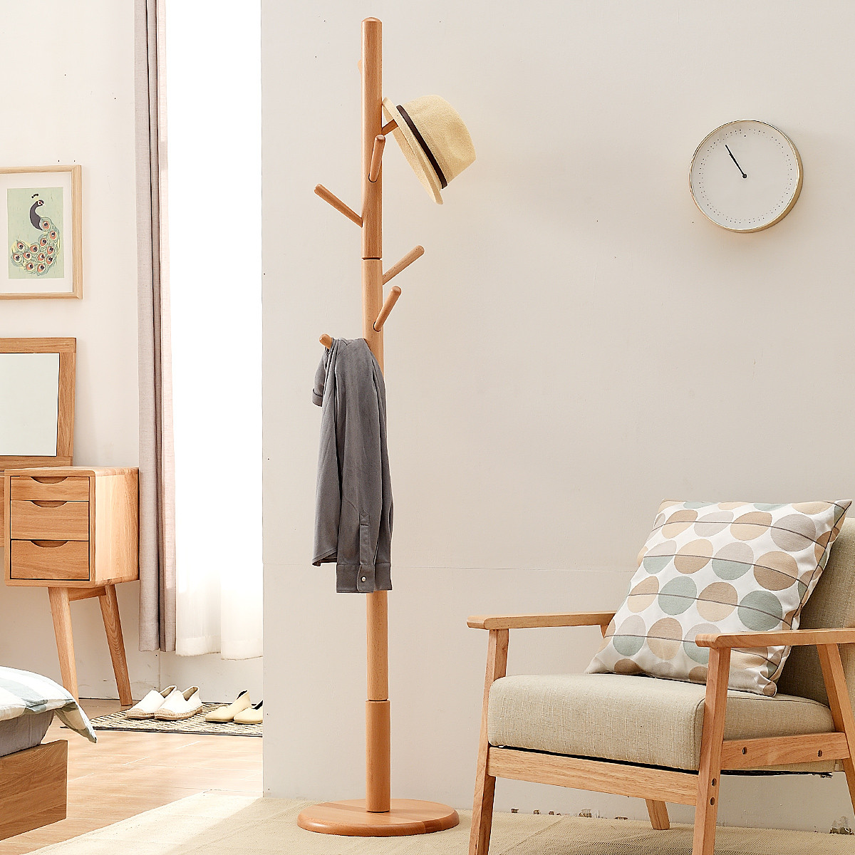 实木榉木衣架落地卧室实木衣帽架简约家用衣服架子简易单杆式挂衣架