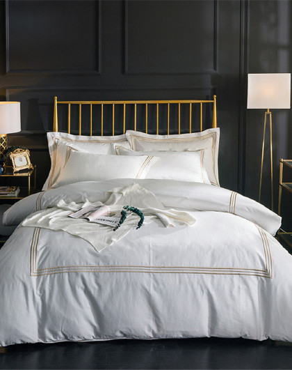 60支纯棉贡缎素色绣花双色四件套酒店风纯色刺绣床上用品