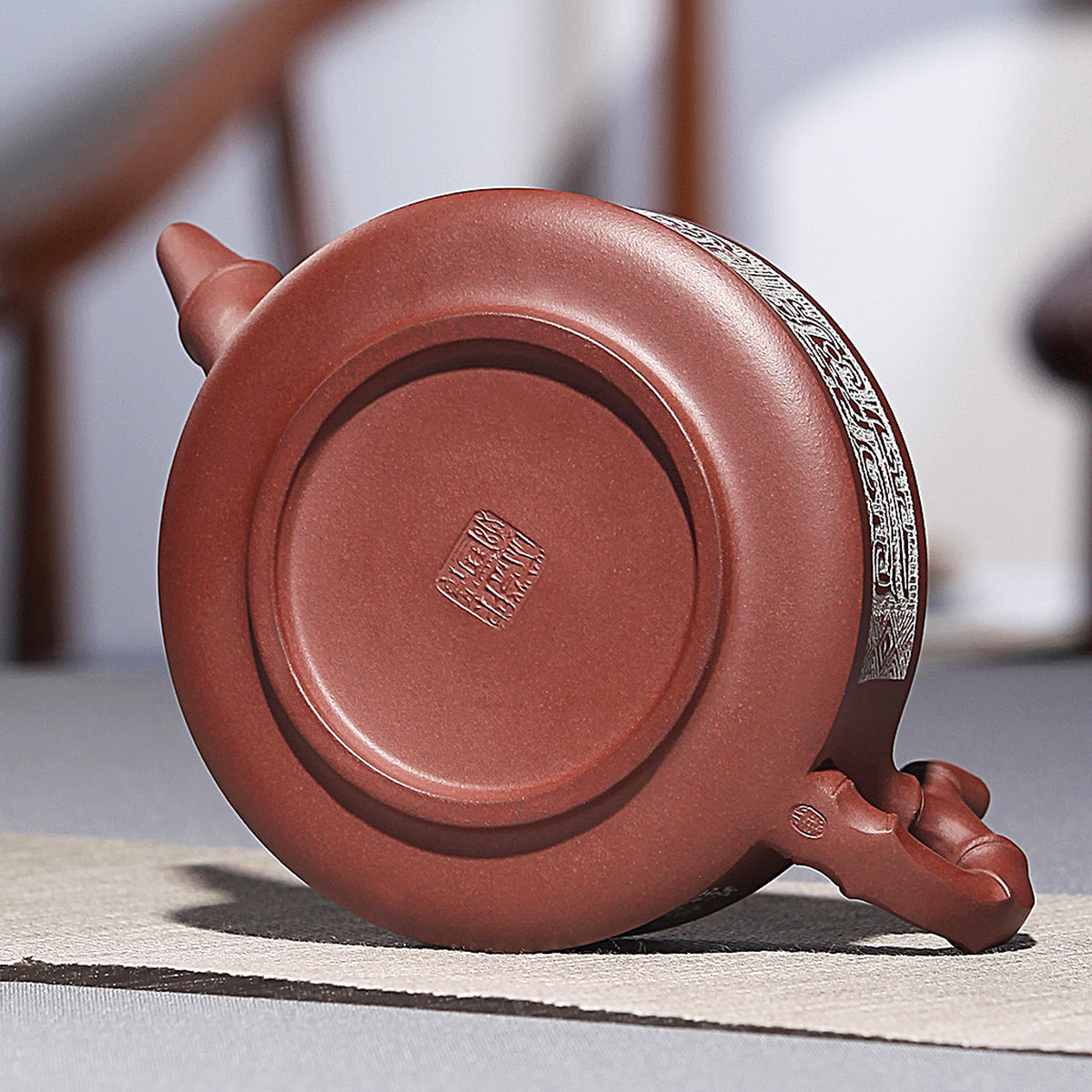 刀刻名家陈复澄紫泥汉刻象竹紫砂壶套装290ml 宜兴纯手工紫砂杯品茗杯