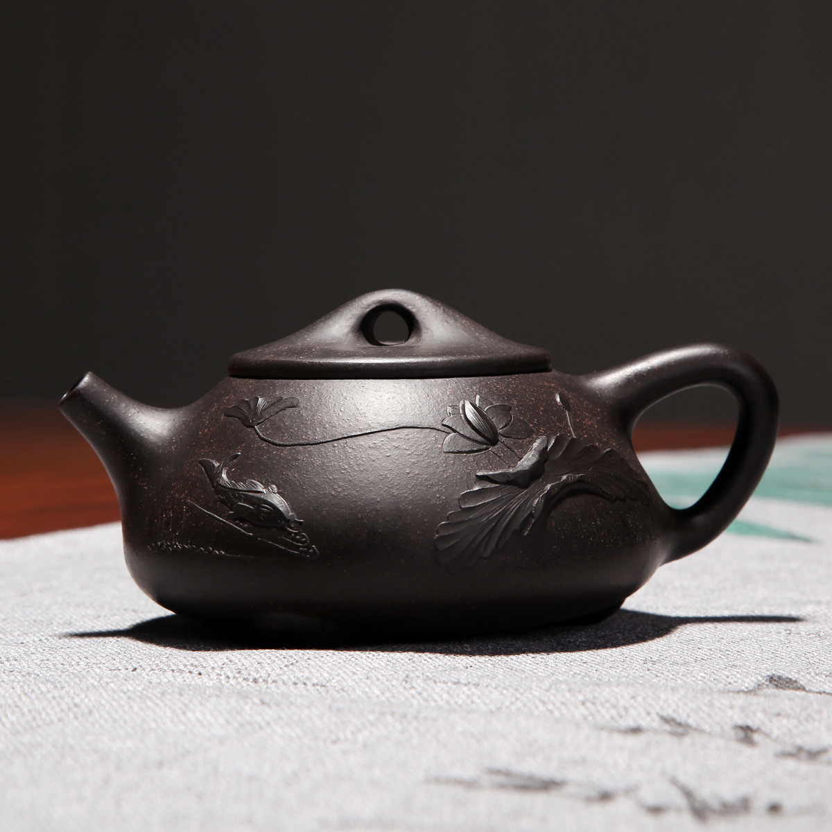 宜兴原矿手工紫砂壶 黑朱泥泥绘荷花景舟石瓢壶功夫茶具套装茶壶