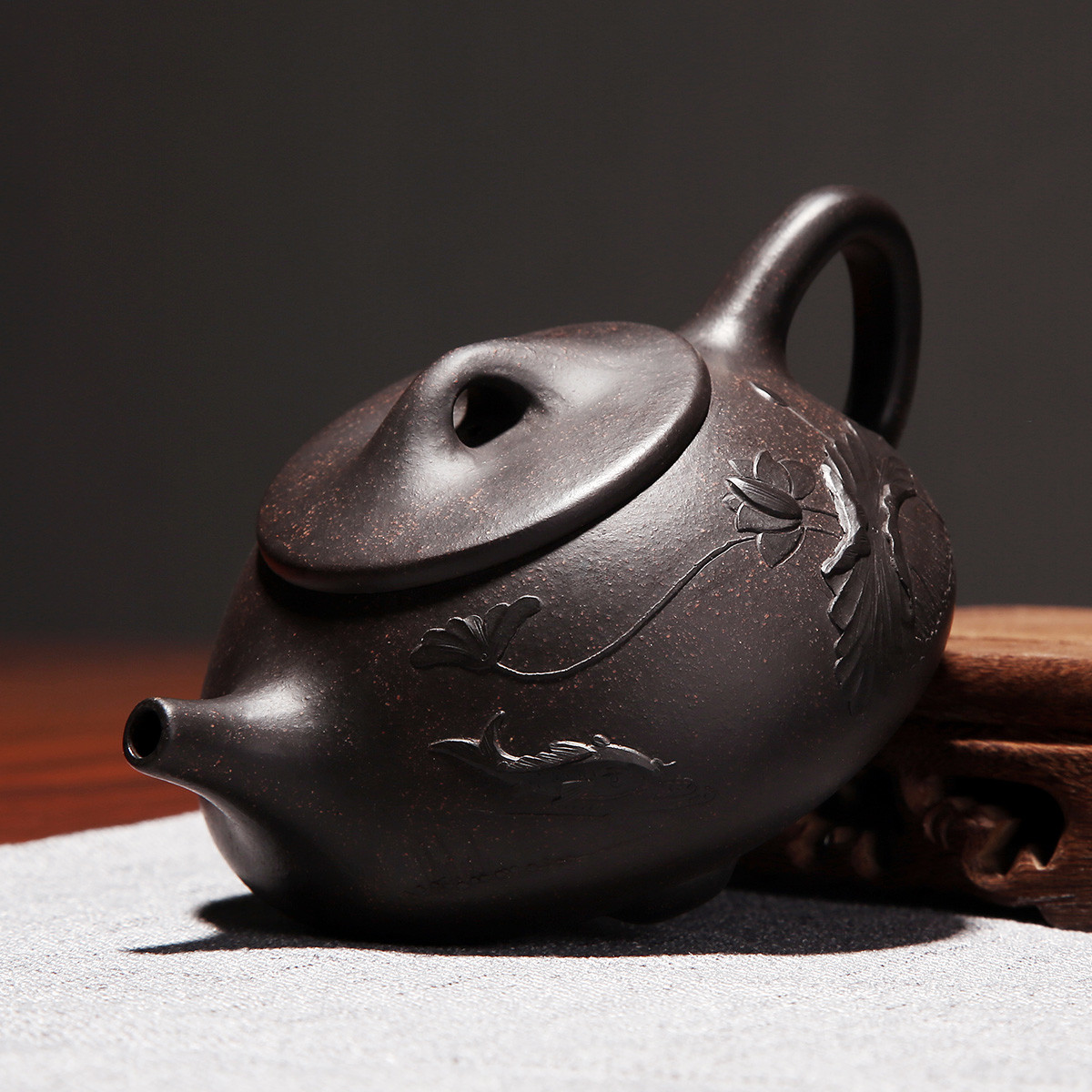 宜兴原矿手工紫砂壶 黑朱泥泥绘荷花景舟石瓢壶功夫茶具套装茶壶
