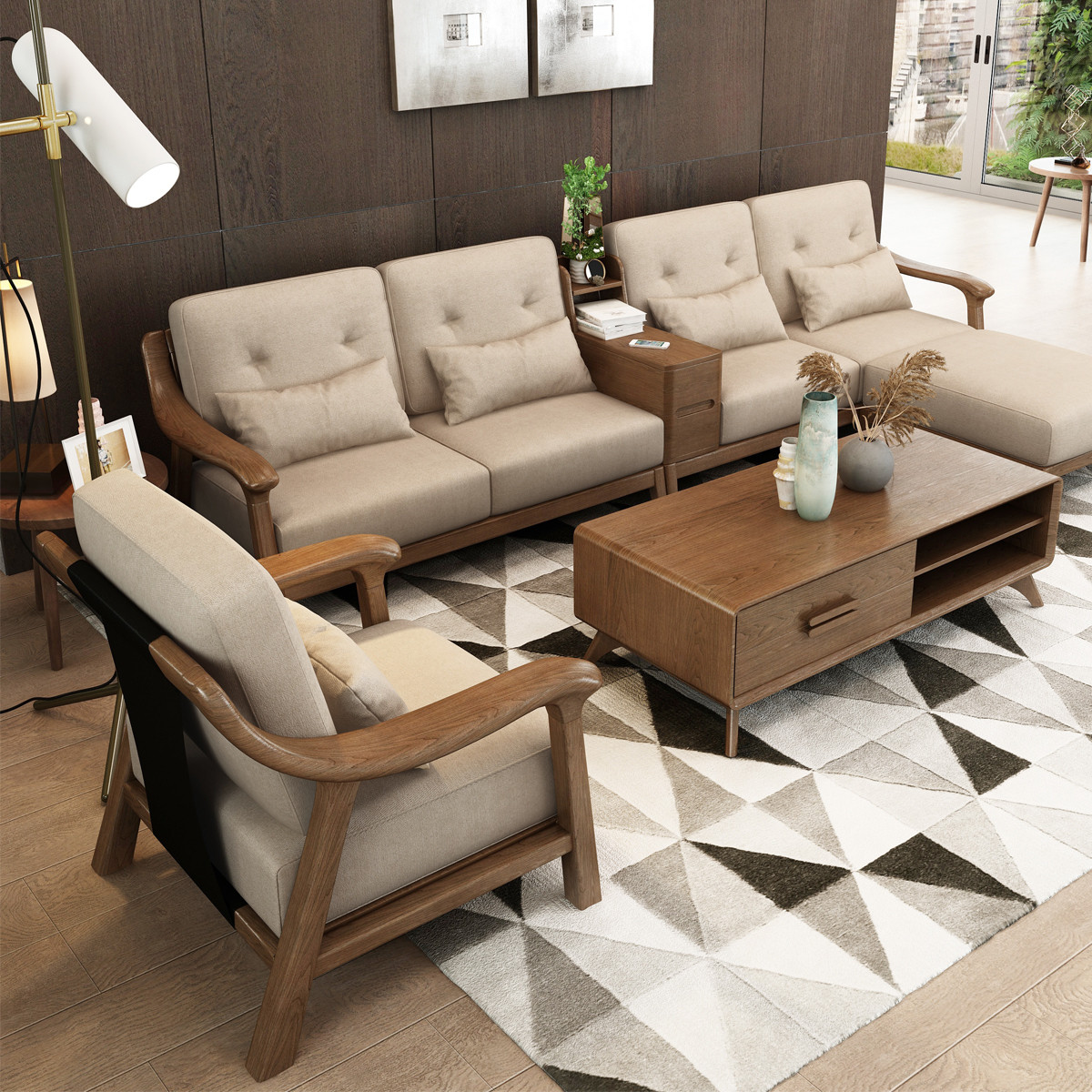 新中式实木沙发组合简约布艺可拆洗沙发北欧时尚客厅家具