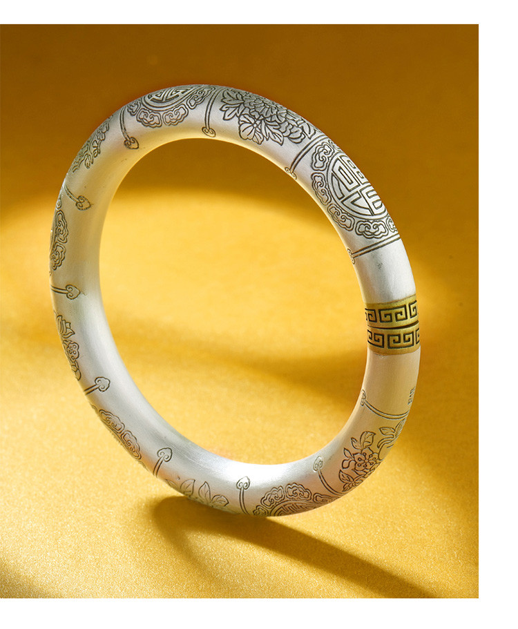 百年宝诚原创足银十段锦女士纯银手镯圆条雕花银镯子送妈妈送长辈礼物