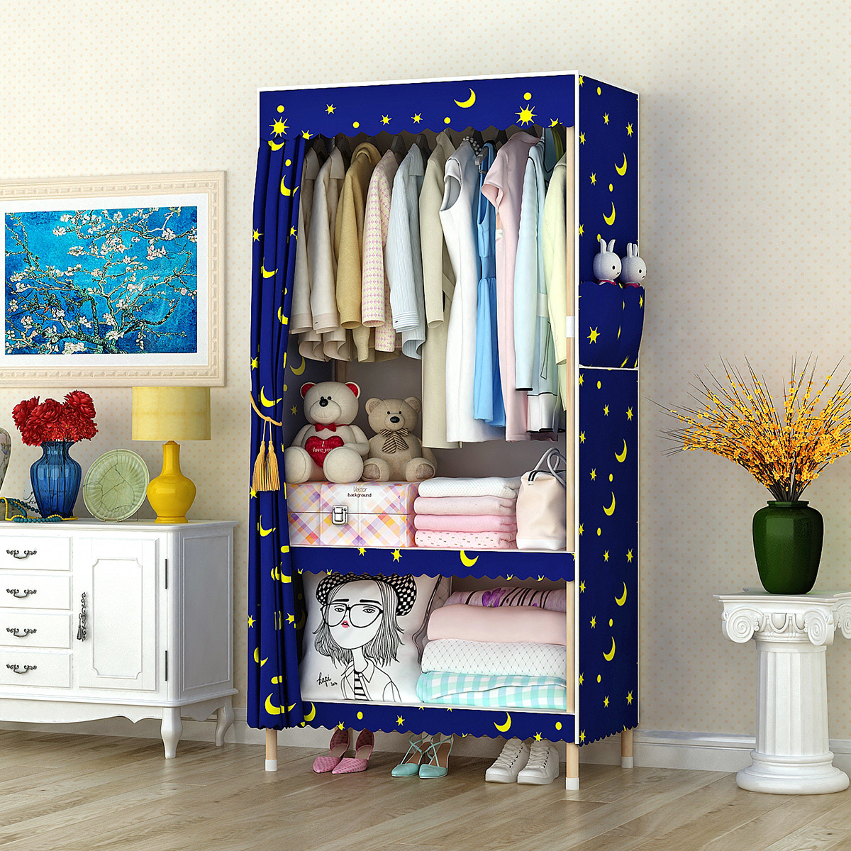 85cm双人衣柜简易布艺组装布衣柜实木牛津布折叠柜子收纳衣橱