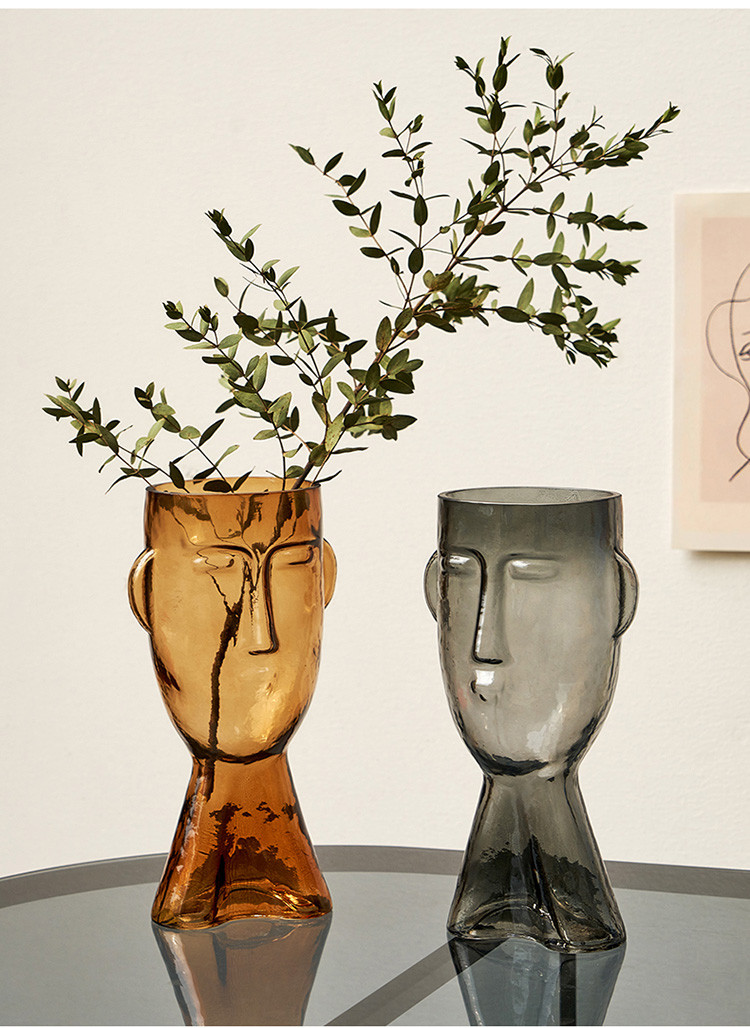 北欧简约人脸玻璃花瓶客厅办公室家居装饰创意摆设仿真鲜花插花器