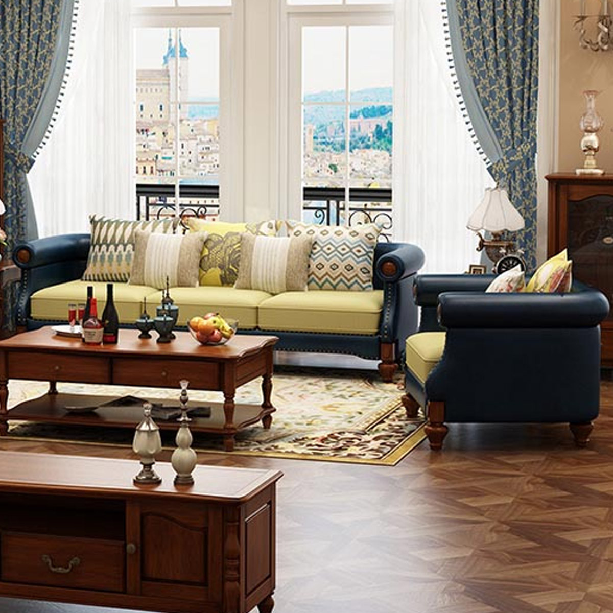 可可罗曼美式真皮沙发转角组合 简美大小户型全实木123组合拐角皮艺