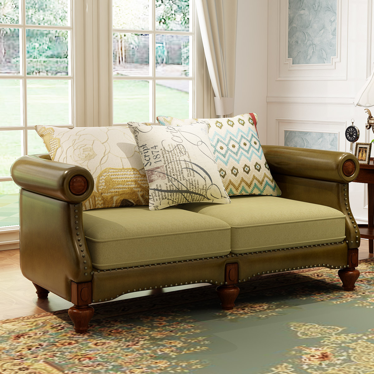 可可罗曼美式真皮沙发转角组合 简美大小户型全实木123组合拐角皮艺