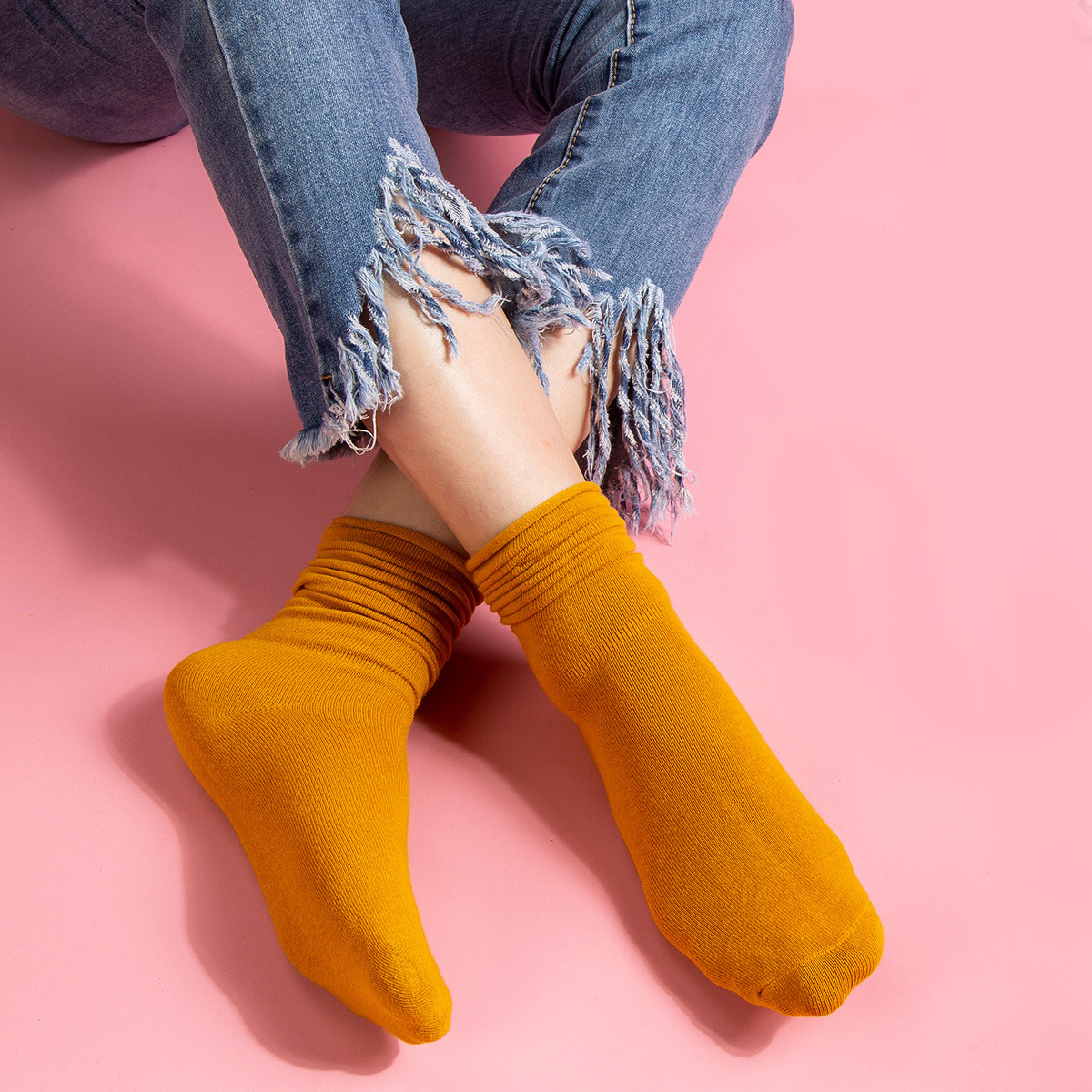 3双装 时尚纯色高筒堆堆少女袜中筒棉袜子