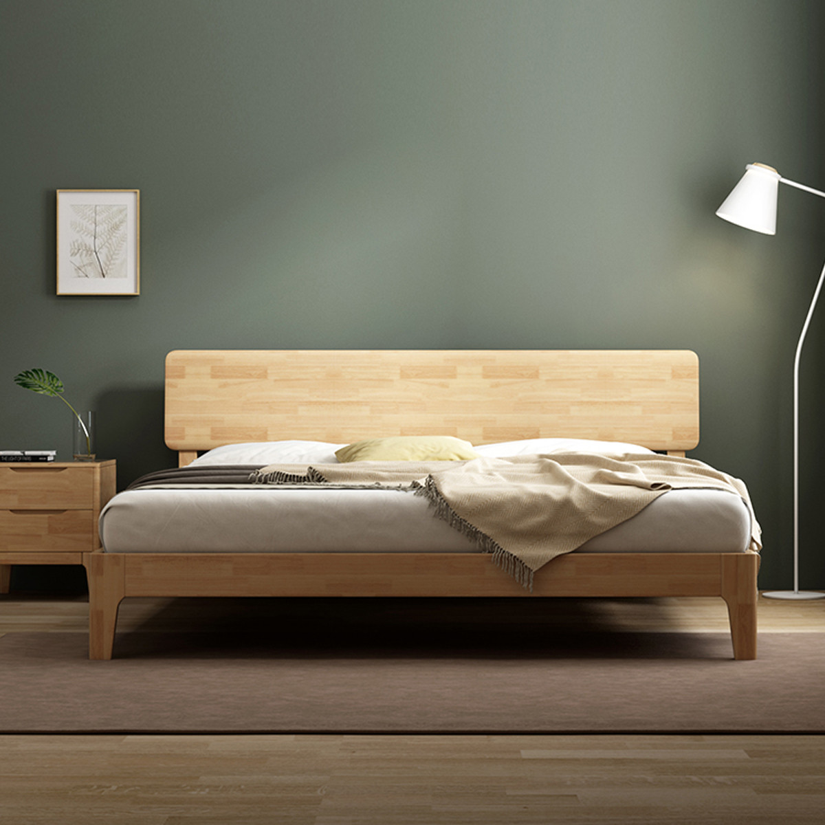 北欧日式现代简约1.5米带软靠原木床主卧室家具1.8米双人实木床