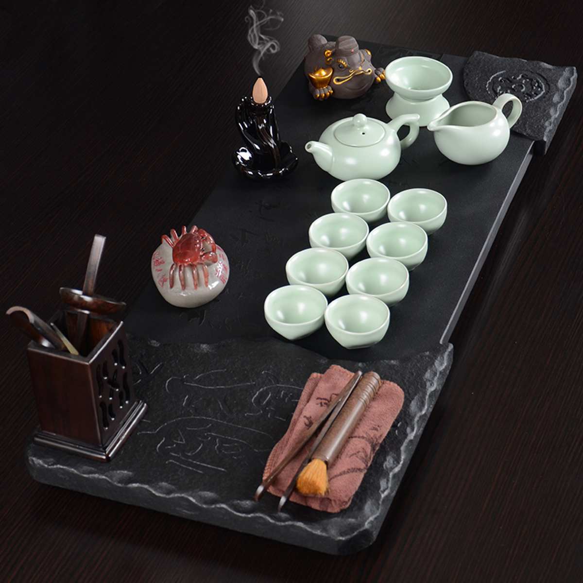 紫砂功夫茶具套装汝窑陶瓷整块青云乐乌金石茶盘送礼家用