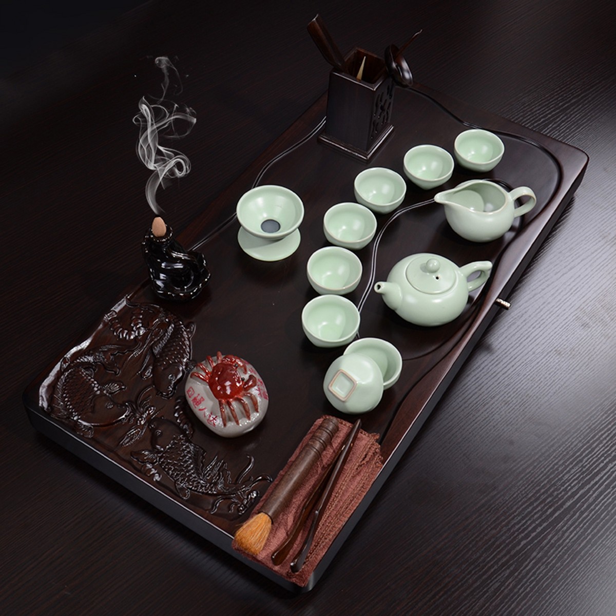 整版三鱼戏水黑檀木茶盘紫砂功夫茶具套装汝窑办公家用茶海茶台