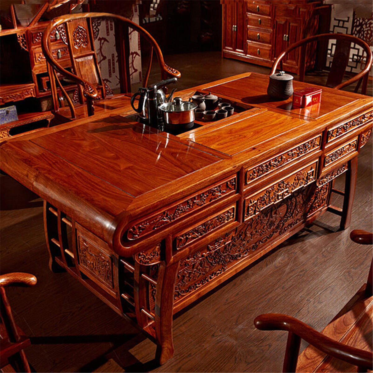 红木家具非洲花梨(学名:刺猬紫檀)茶桌椅组合实木中式泡茶茶台茶艺桌