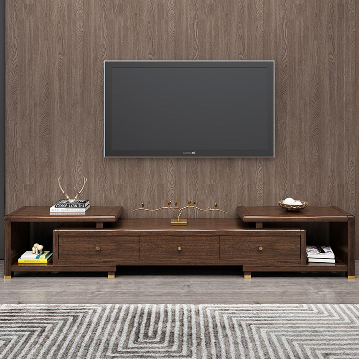 新中式实木电视柜轻奢金丝胡桃木电视柜现代简约地柜可伸缩电视柜