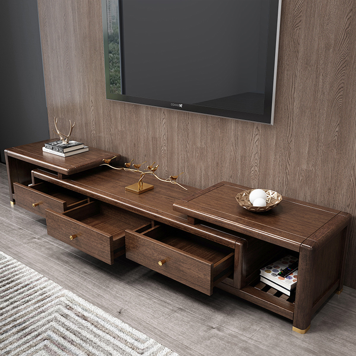 新中式实木电视柜轻奢金丝胡桃木电视柜现代简约地柜可伸缩电视柜