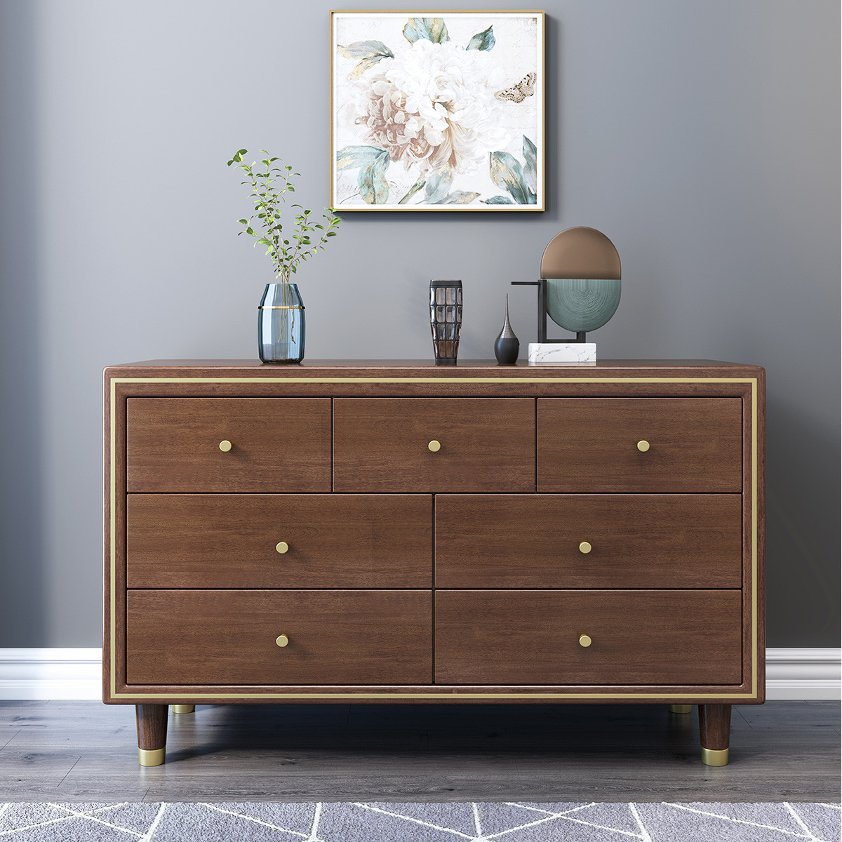 现代新中式实木斗柜胡桃木七斗柜卧室柜轻奢简约收纳一体柜