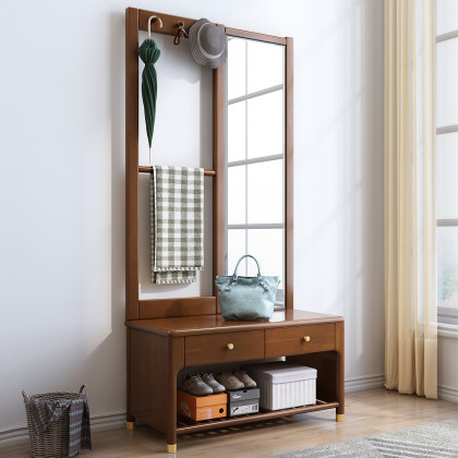 【橡胶木】实木穿衣镜鞋柜一体落地家用门口北欧实木衣帽架带镜子