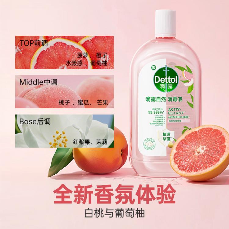 Dettol 【杀菌99.999%】滴露自然消毒液 白桃与葡萄柚香氛1L*2+湿巾