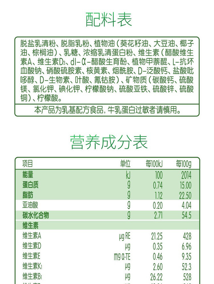 瑞哺恩奶粉配方表图片图片