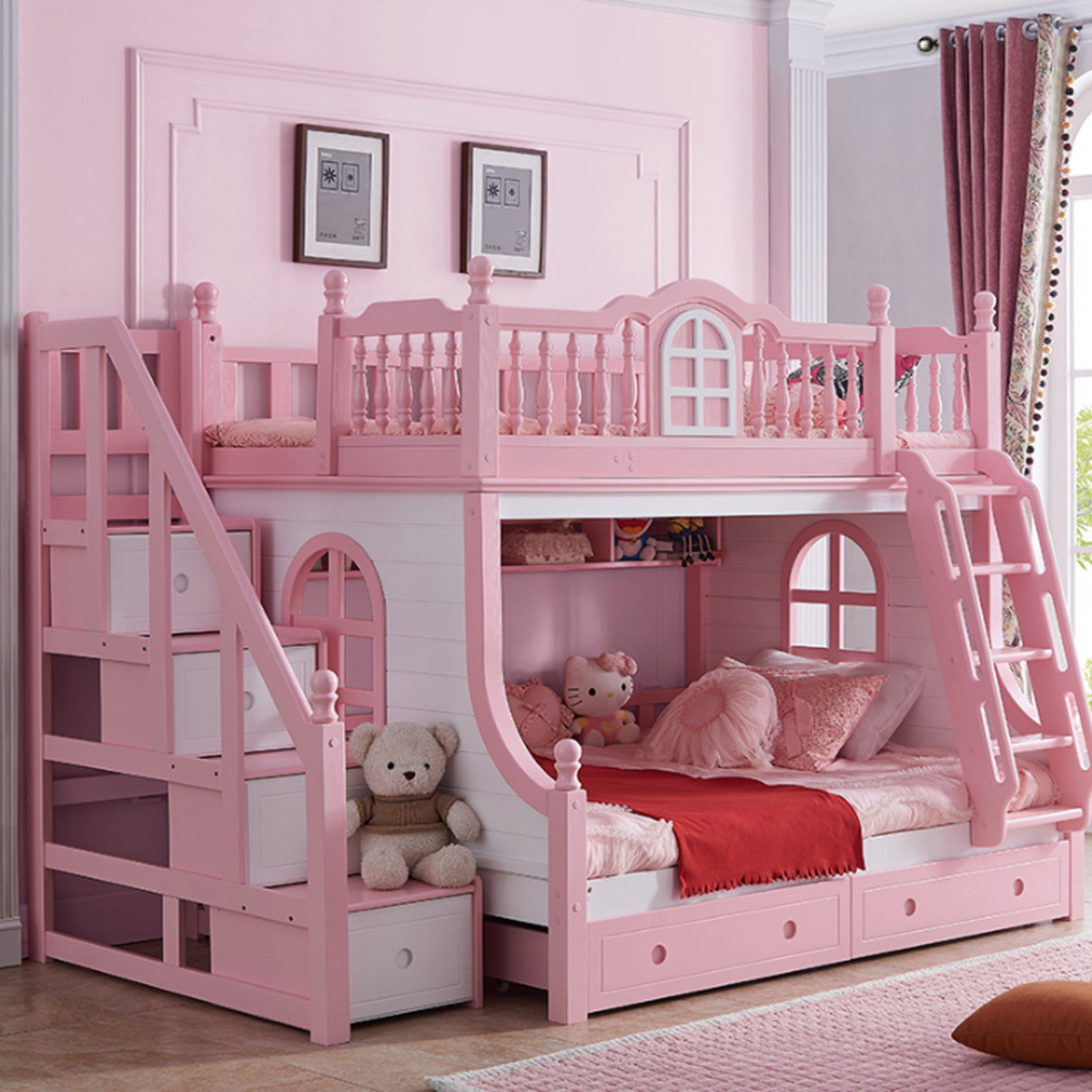 儿童床母子床双层床实木高低床上下床女孩公主粉组合床