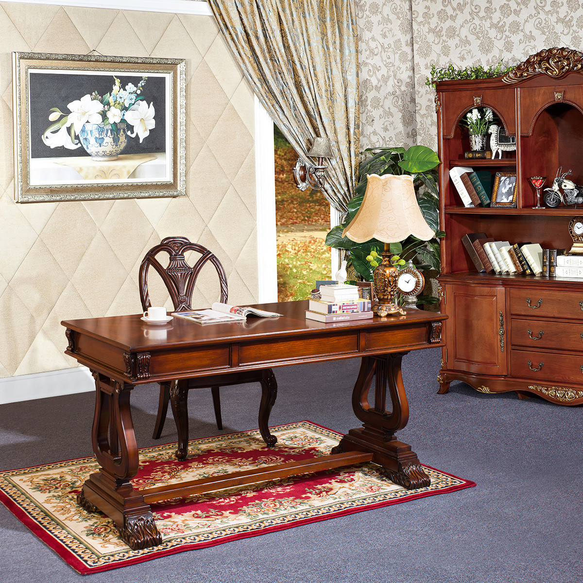 美式实木书桌欧式办公桌写字台学生做作业书桌1.3米1.5米