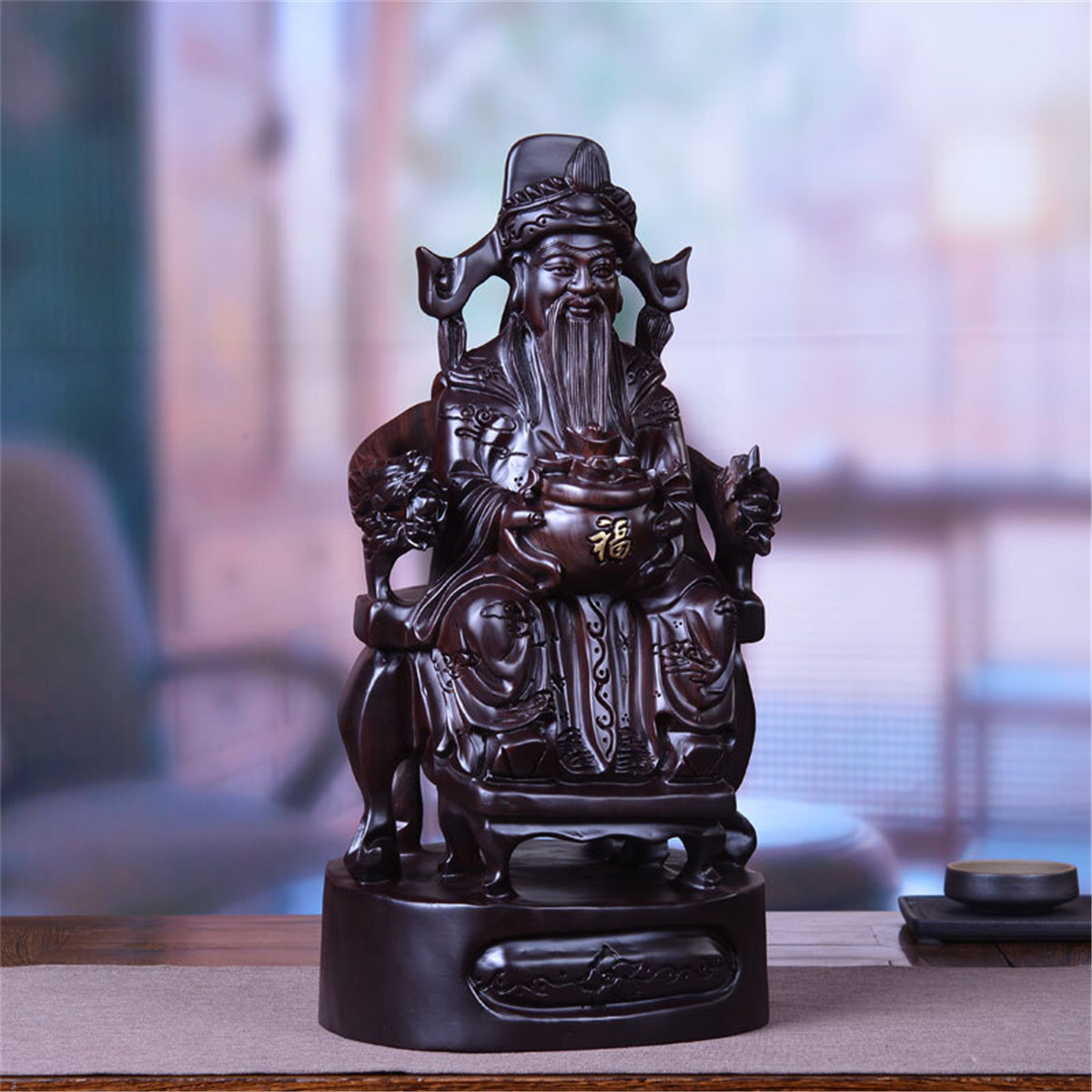 黑檀木雕坐财神爷实木摆件木质雕刻坐式文财神雕像红木财神摆