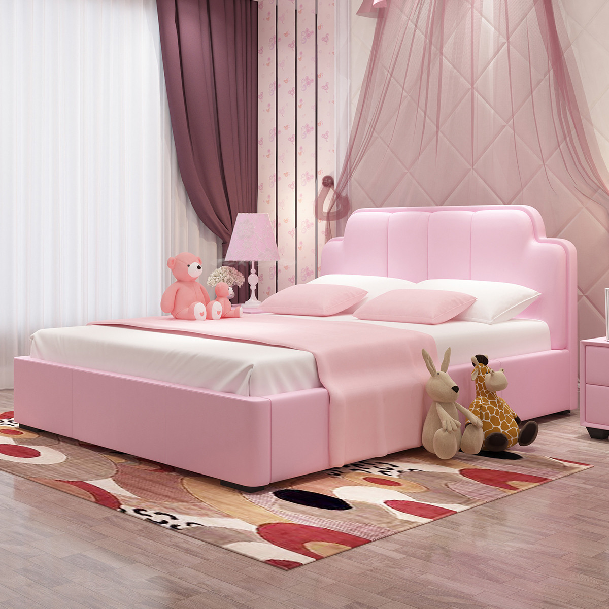 儿童床粉色公主床1.2 1.5米女孩北欧真皮床实木小户型网红床