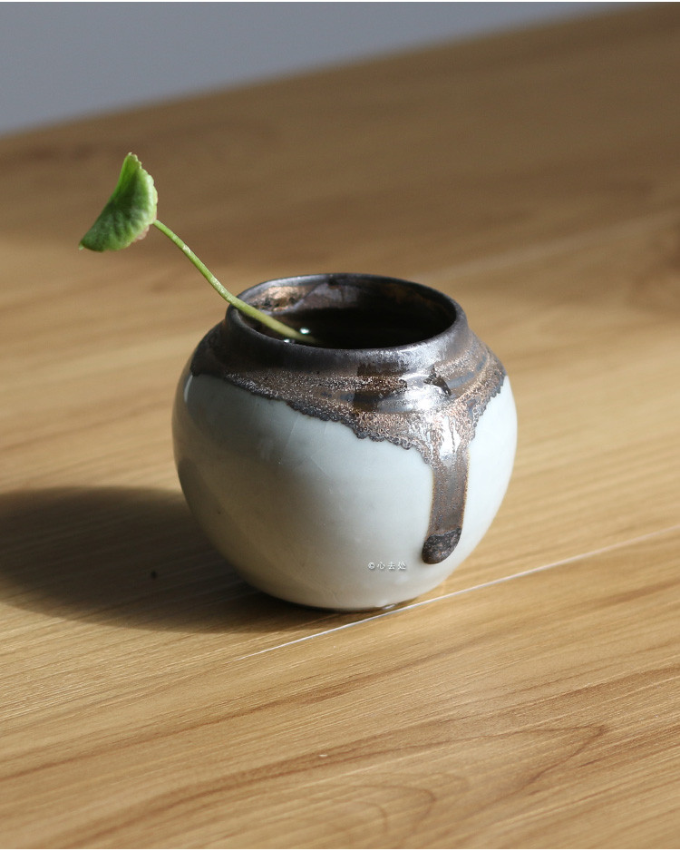 禅意粗陶花器白釉古朴裂纹 日式陶瓷插花器 水培花瓶摆件