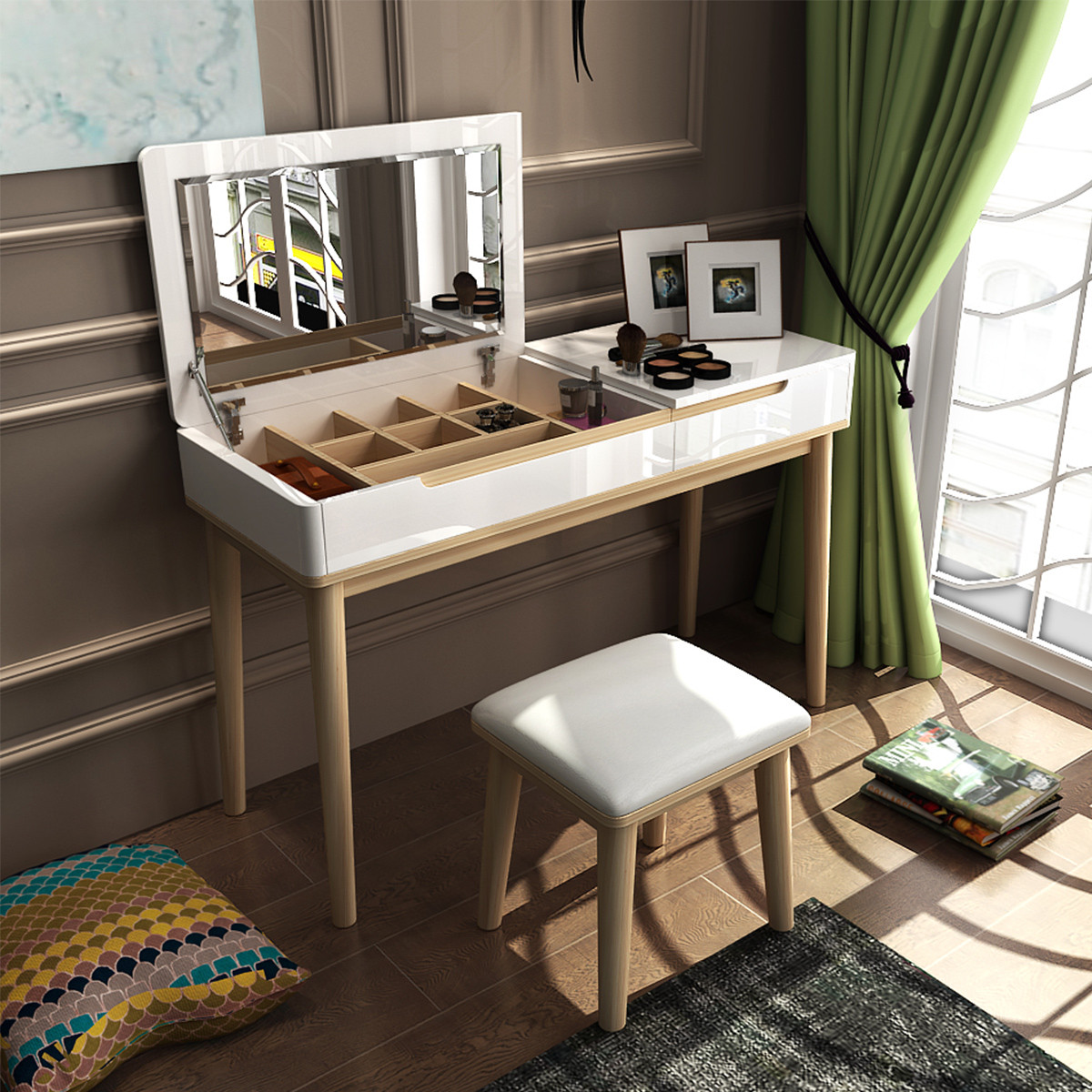 梳妆台北欧小户型卧室翻盖实木梳妆台化妆台组合