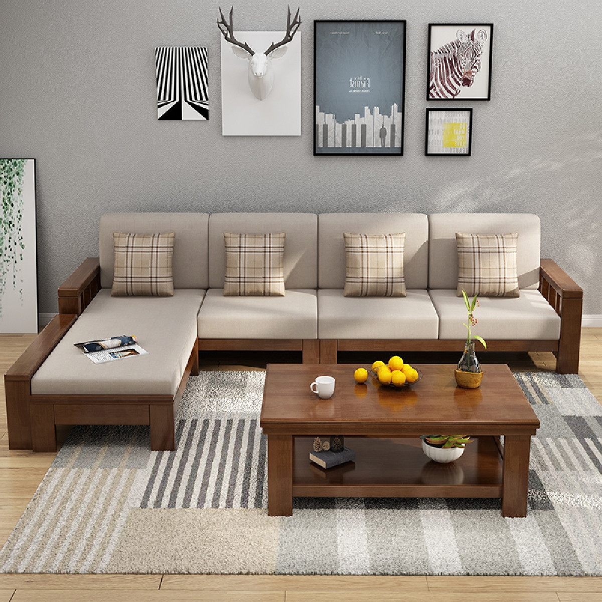 新中式实木沙发组合木布沙发转角大小户型三人位沙发客厅整装家具