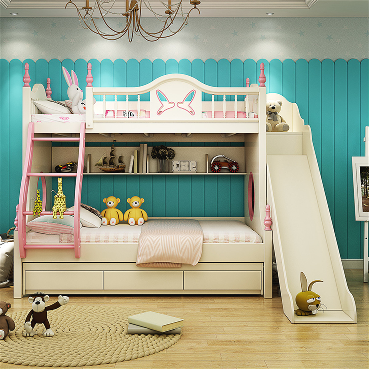 儿童双层床带滑梯公主子母床儿童房家具组合套装上下床