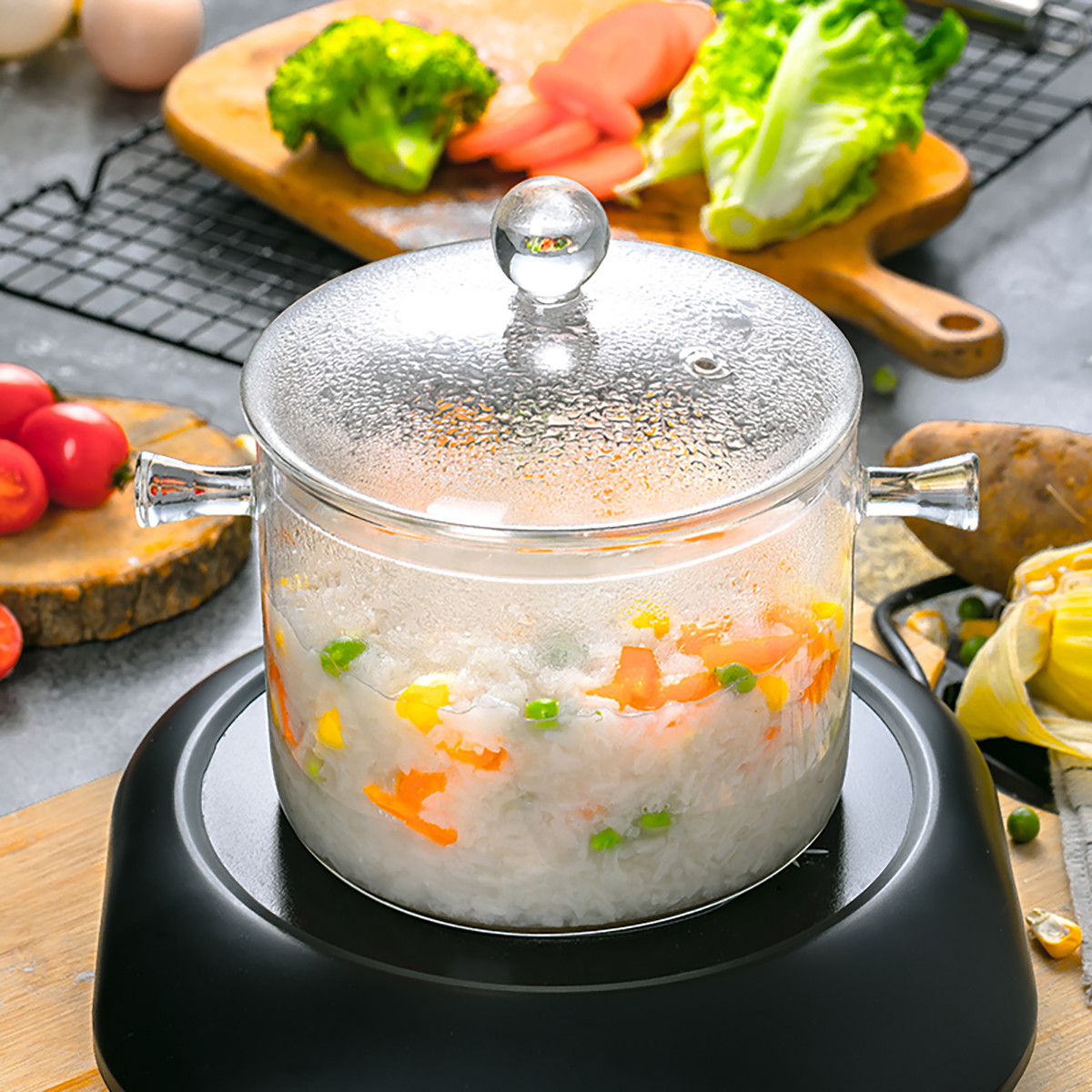 家用玻璃透明双耳汤锅养生煲粥炖锅小号烧水锅可明火耐高温