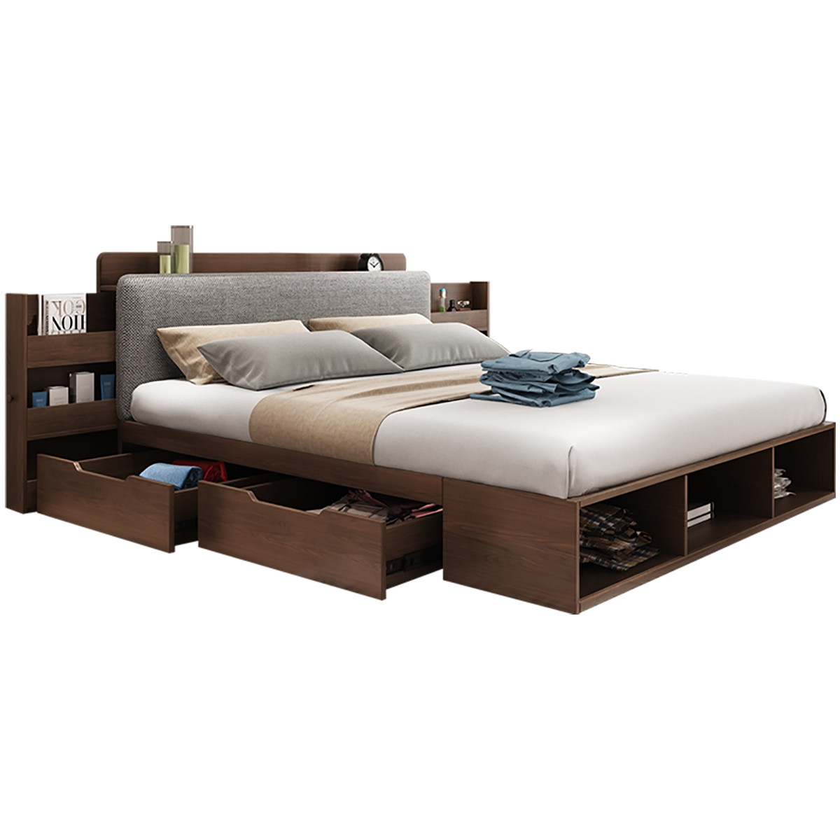 现代简约多功能储物床北欧板式床卧室双人床抽屉床b1135h