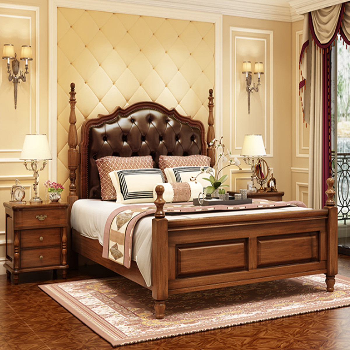 美式实木床高端大气床主卧实木1.8米双人床简欧风格卧室复古软包床