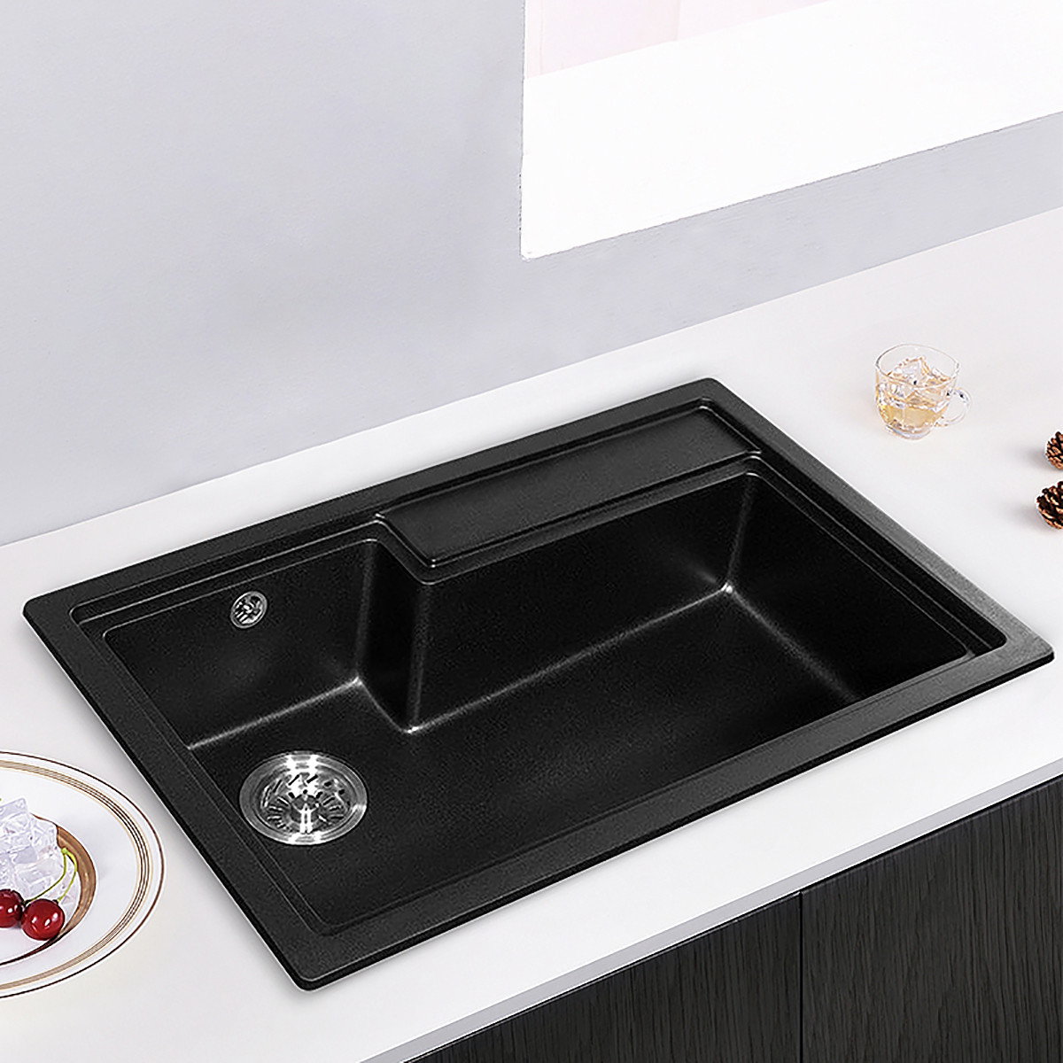 黑色厨房石英石水槽大单槽台下手工洗菜盆池花岗岩洗碗槽套餐