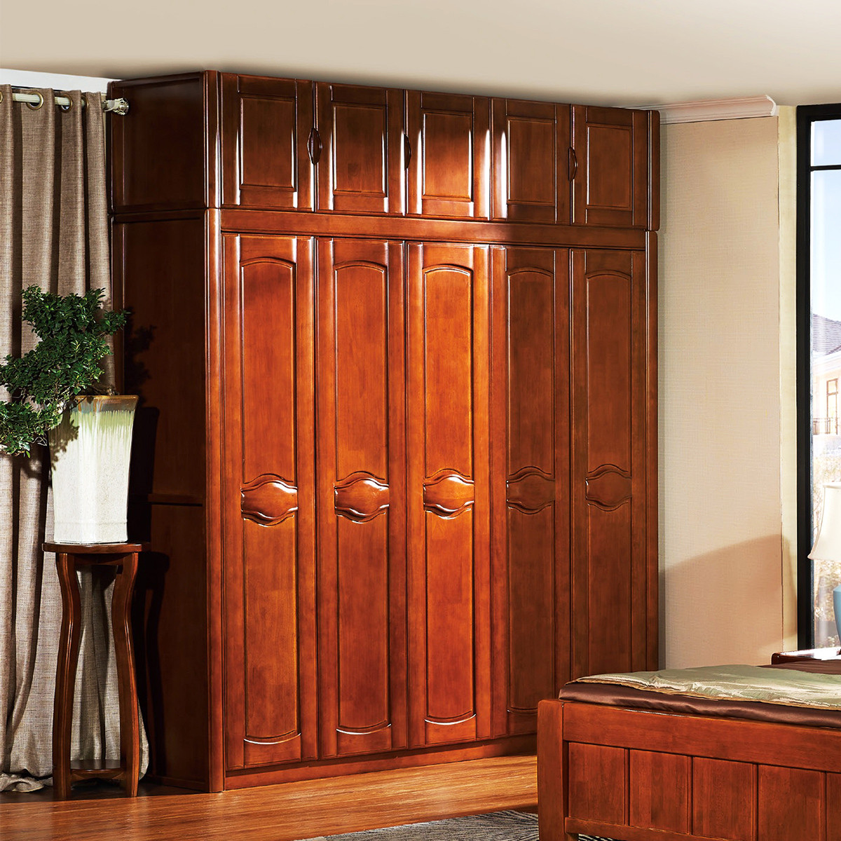 实木衣柜新中式黄金胡桃色345门对开衣柜储物衣橱卧室家具