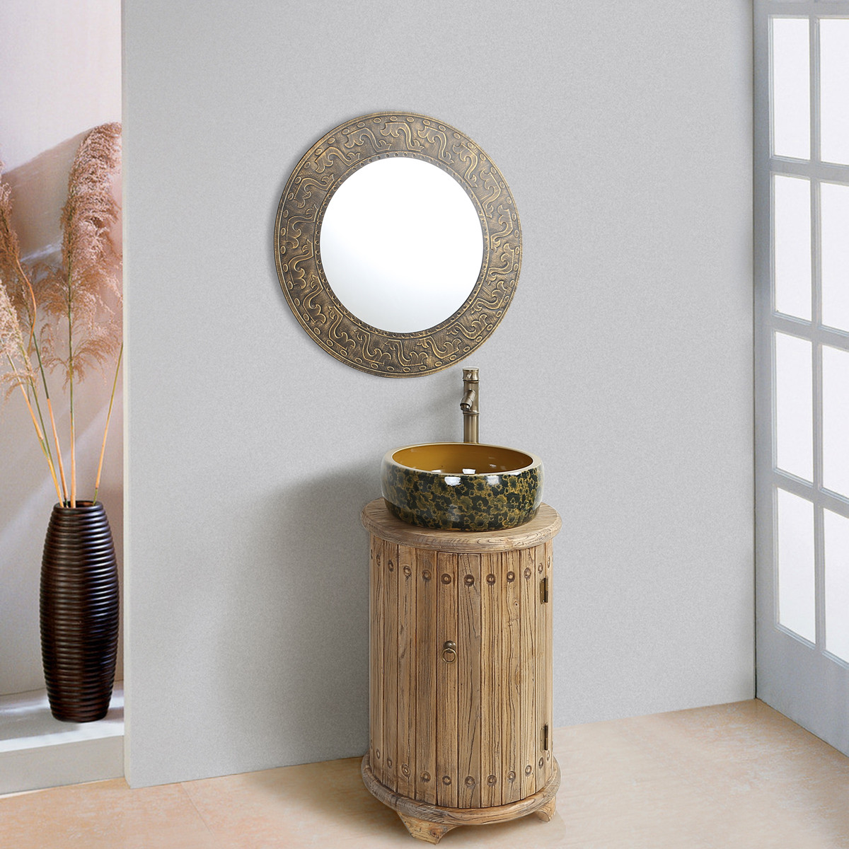 小户型中式仿古浴室柜组合 田园卫浴柜圆桶卫生间洗脸盆洗漱台柜洗手