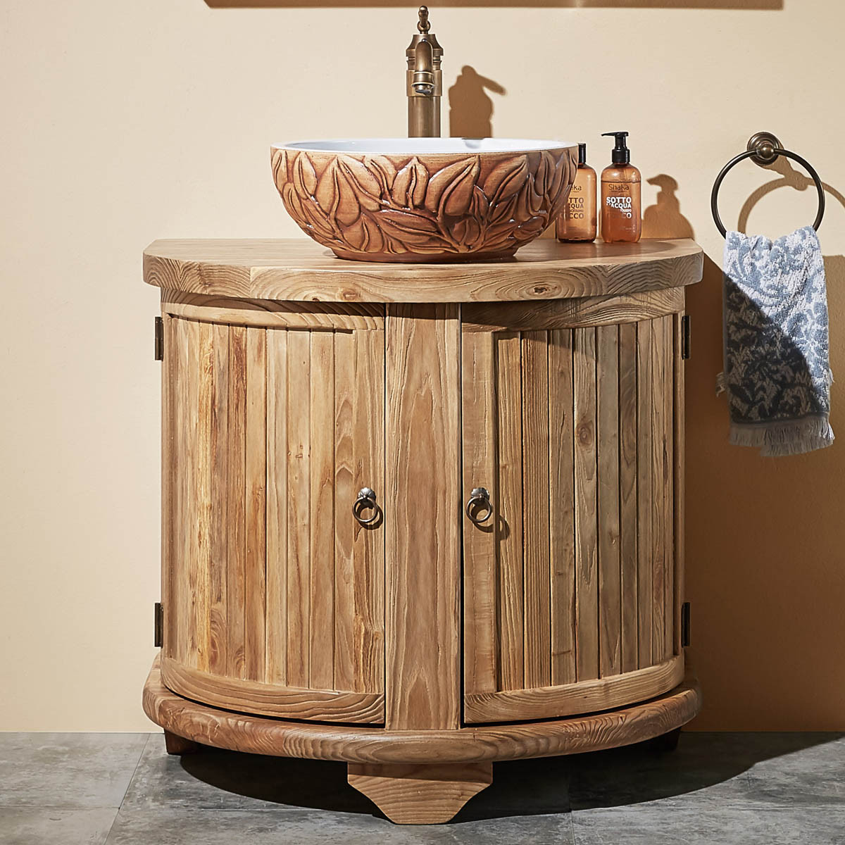 中式半圆仿古实木浴室柜组合 弧形洗手池洗脸台盆柜落地 洗手盆洗漱台