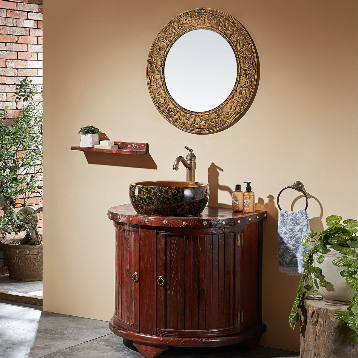 中式半圆仿古实木浴室柜组合 弧形洗手池洗脸台盆柜落地 洗手盆洗漱台