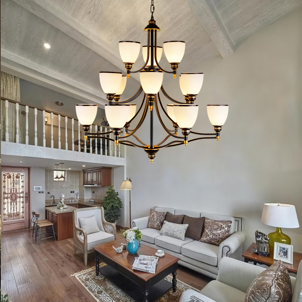 复式楼大吊灯现代简约大气led美式别墅挑空酒店大厅楼中楼客厅灯